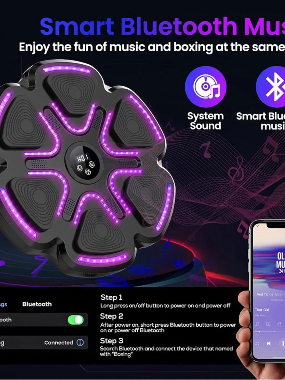 Bluetooth Smart Music Boxing Trainer - Black with Purple LEDs